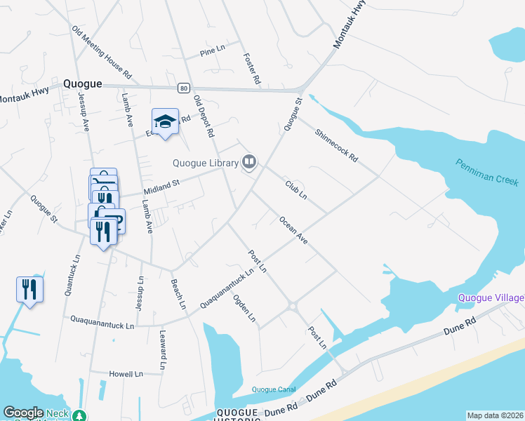 map of restaurants, bars, coffee shops, grocery stores, and more near 2 Ocean Avenue in East Quogue