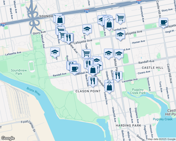 map of restaurants, bars, coffee shops, grocery stores, and more near 631 Soundview Avenue in Bronx