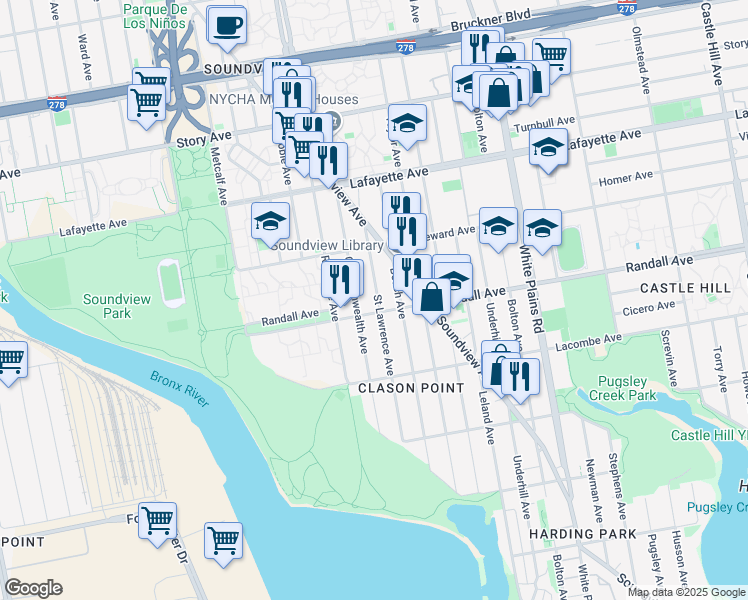 map of restaurants, bars, coffee shops, grocery stores, and more near 635 Saint Lawrence Avenue in Bronx