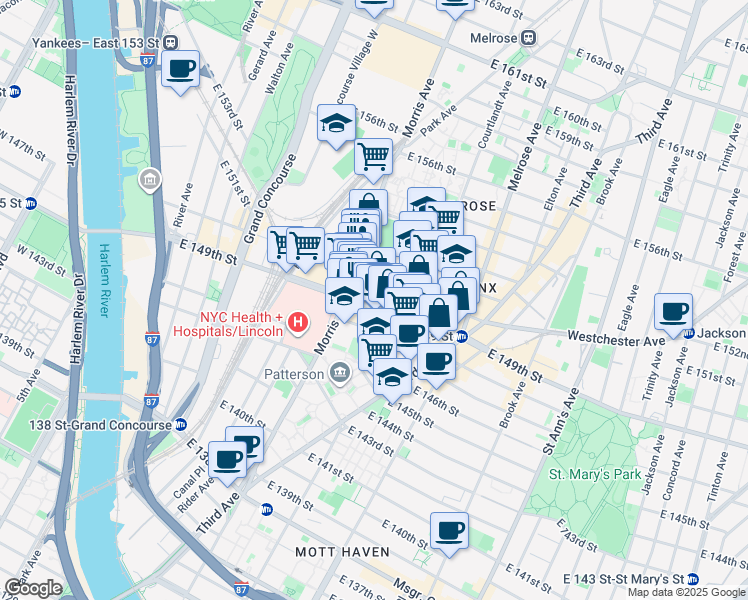 map of restaurants, bars, coffee shops, grocery stores, and more near 272 East 151st Street in Bronx