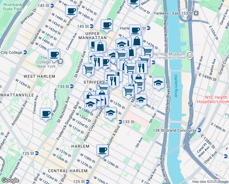 map of restaurants, bars, coffee shops, grocery stores, and more near 152 West 140th Street in New York