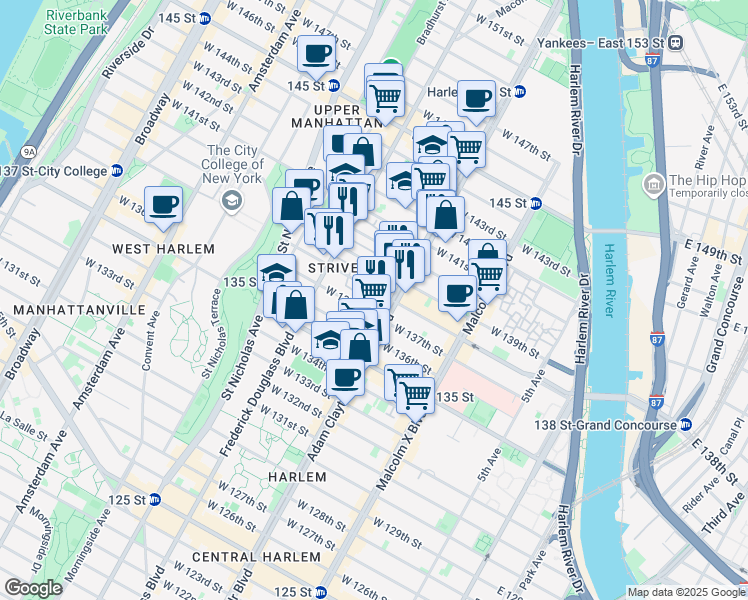 map of restaurants, bars, coffee shops, grocery stores, and more near 204 West 139th Street in New York