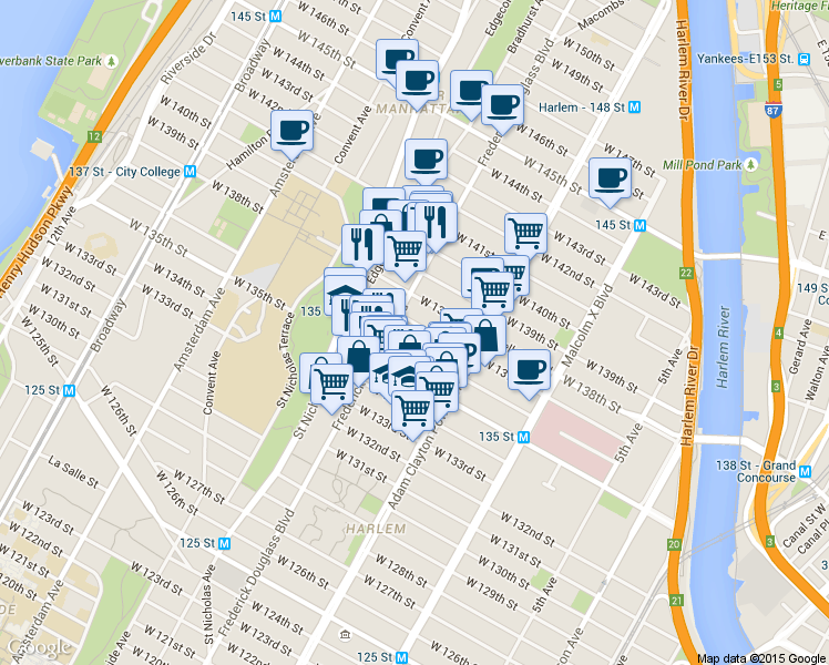 map of restaurants, bars, coffee shops, grocery stores, and more near 312 West 138th Street in New York