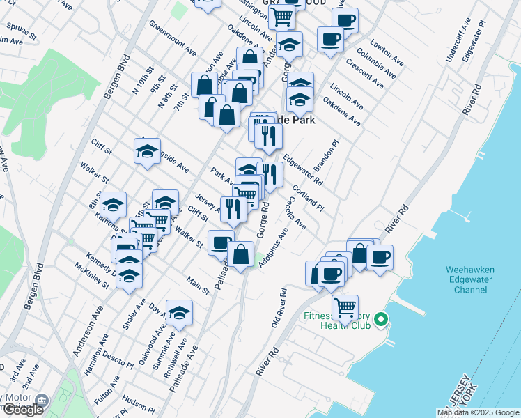 map of restaurants, bars, coffee shops, grocery stores, and more near 401 Gorge Road in Cliffside Park