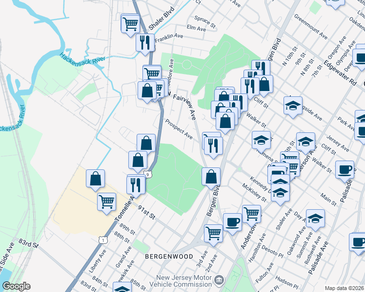 map of restaurants, bars, coffee shops, grocery stores, and more near 636 Prospect Avenue in Fairview