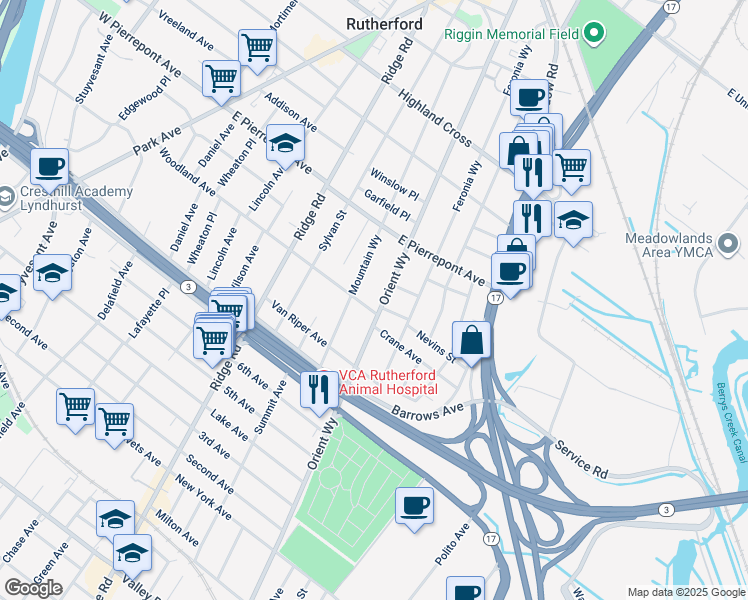map of restaurants, bars, coffee shops, grocery stores, and more near 269 Mountain Way in Rutherford