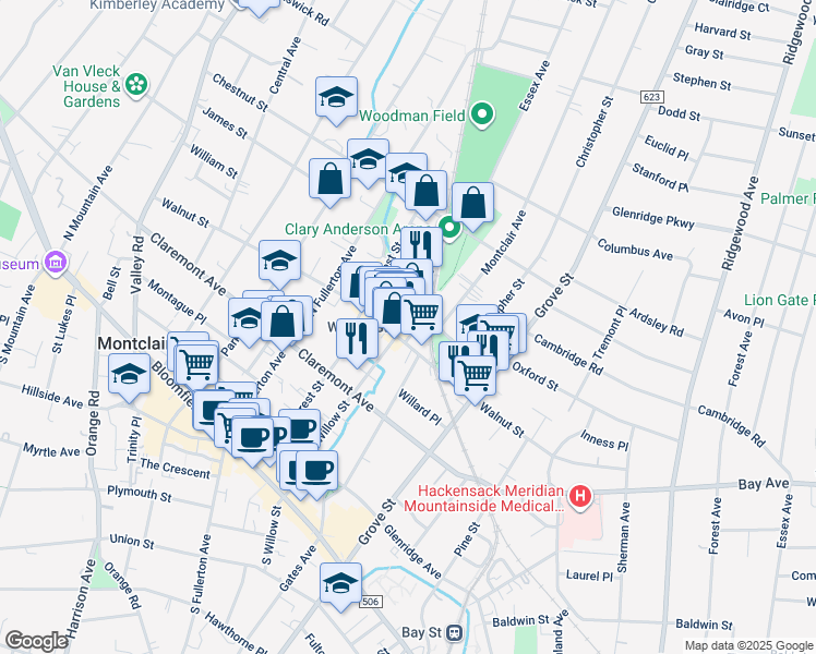 map of restaurants, bars, coffee shops, grocery stores, and more near 19 Label Street in Montclair