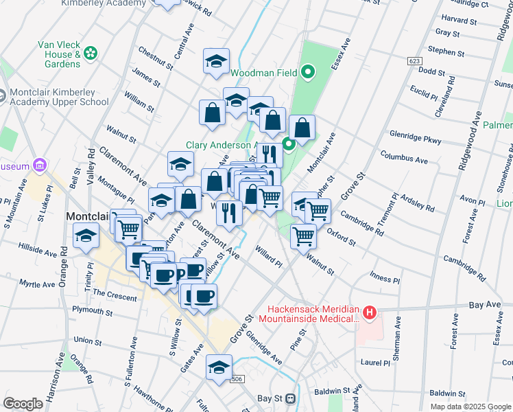 map of restaurants, bars, coffee shops, grocery stores, and more near 19 Label Street in Montclair
