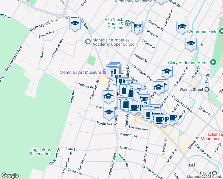 map of restaurants, bars, coffee shops, grocery stores, and more near 700 Bloomfield Avenue in Montclair
