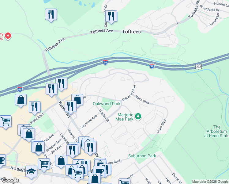 map of restaurants, bars, coffee shops, grocery stores, and more near 445 Oakwood Ave in State College