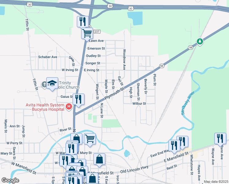 map of restaurants, bars, coffee shops, grocery stores, and more near 919 Earl Street in Bucyrus