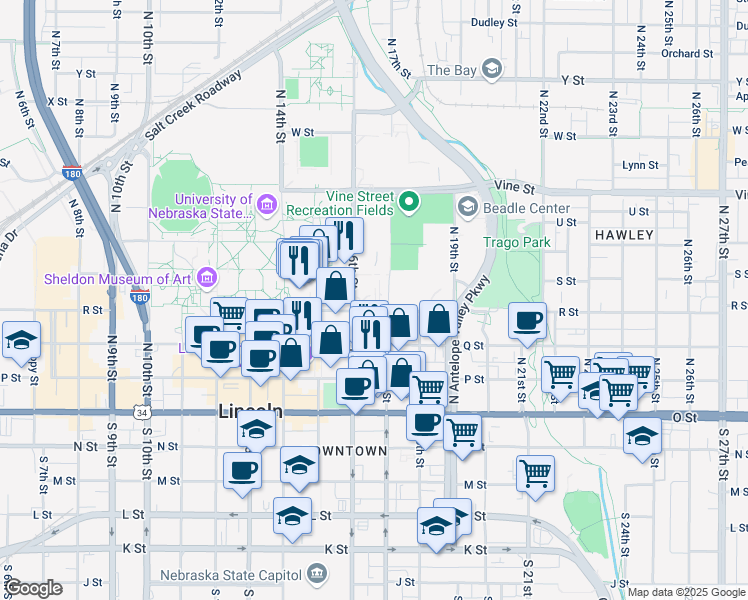 map of restaurants, bars, coffee shops, grocery stores, and more near 480 North 16th Street in Lincoln