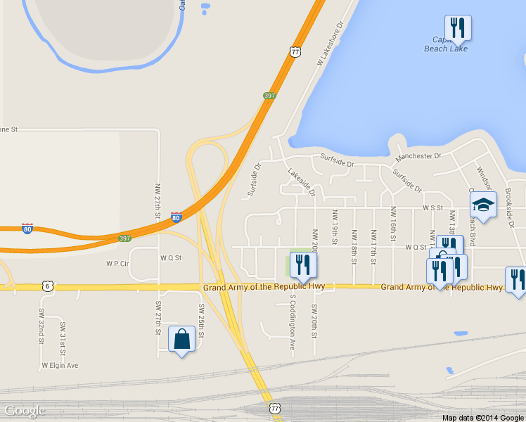 map of restaurants, bars, coffee shops, grocery stores, and more near 2233 Surfside Drive in Lincoln