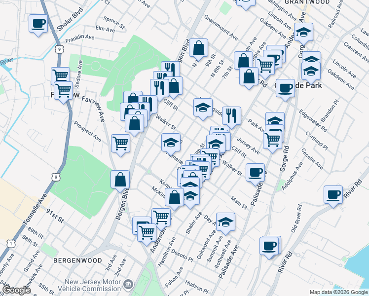 map of restaurants, bars, coffee shops, grocery stores, and more near 430 Walker Street in Fairview
