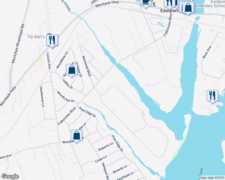 map of restaurants, bars, coffee shops, grocery stores, and more near 80 Inlet View Path East in East Moriches