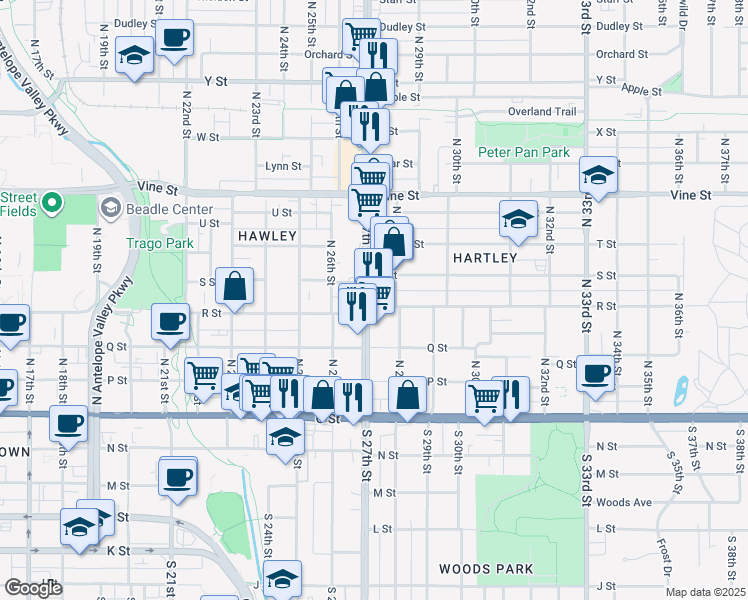map of restaurants, bars, coffee shops, grocery stores, and more near 400 North 27th Street in Lincoln