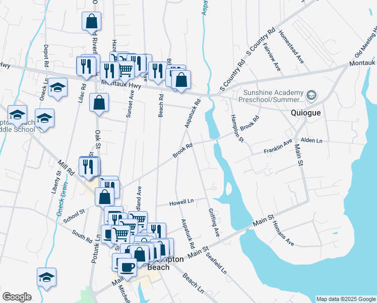 map of restaurants, bars, coffee shops, grocery stores, and more near 73 Brook Road in Westhampton Beach