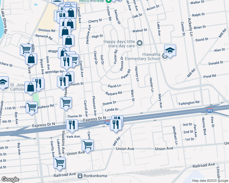 map of restaurants, bars, coffee shops, grocery stores, and more near 21 David Lane in Lake Ronkonkoma