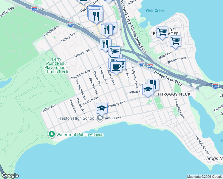 map of restaurants, bars, coffee shops, grocery stores, and more near 287 Revere Avenue in Bronx
