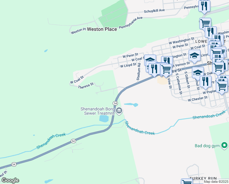 map of restaurants, bars, coffee shops, grocery stores, and more near East Centre Street in Shenandoah