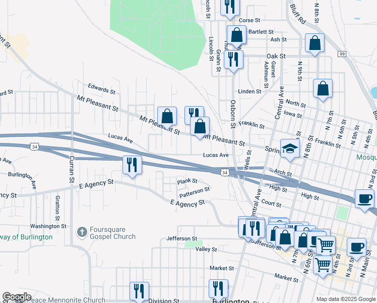 map of restaurants, bars, coffee shops, grocery stores, and more near 1004 Chalfant Street in Burlington