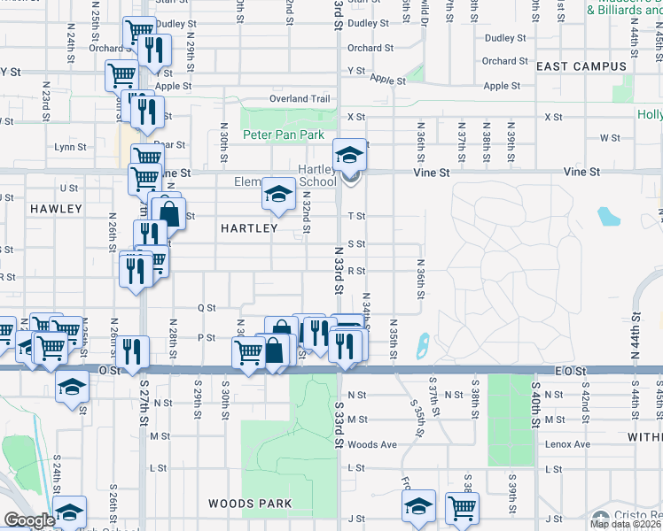 map of restaurants, bars, coffee shops, grocery stores, and more near 3239 S Street in Lincoln