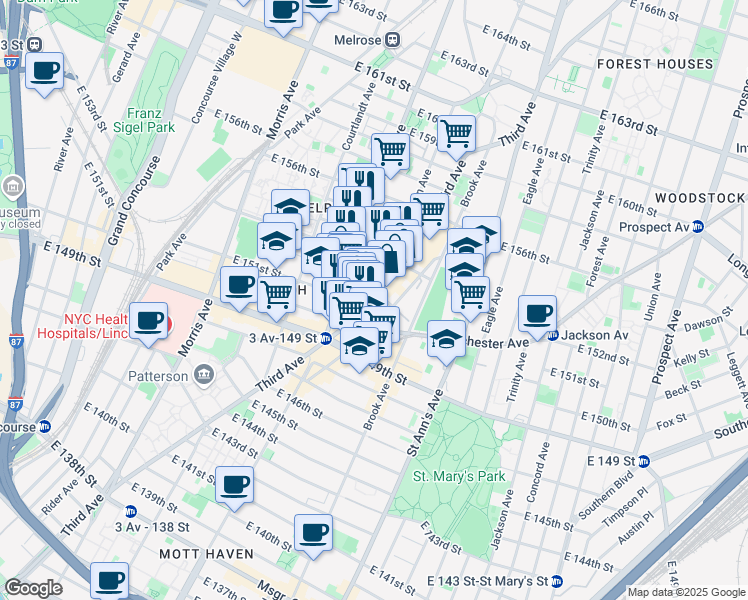 map of restaurants, bars, coffee shops, grocery stores, and more near 2918 3rd Ave in Bronx