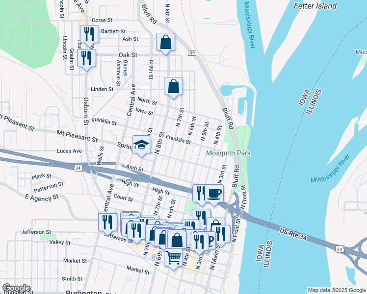 map of restaurants, bars, coffee shops, grocery stores, and more near 931 North 6th Street in Burlington