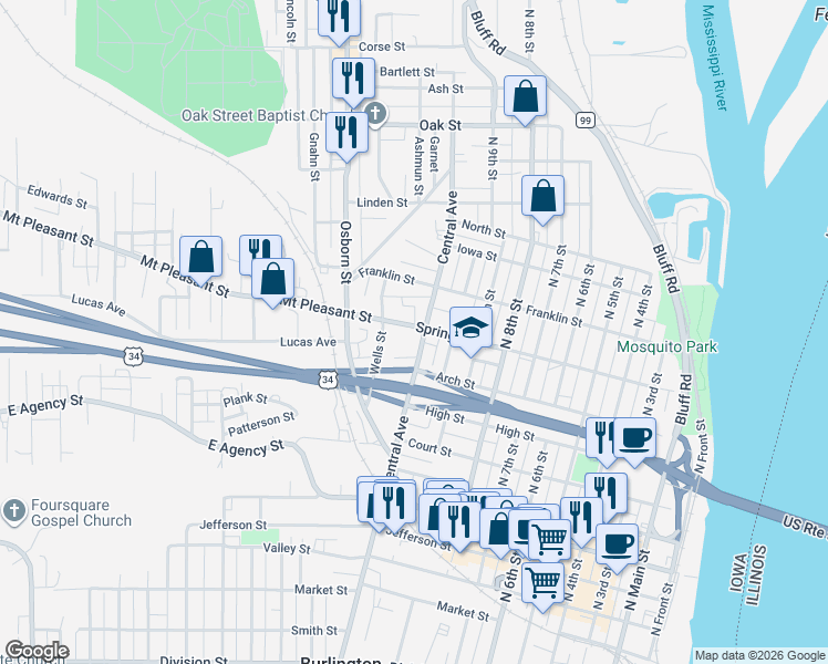 map of restaurants, bars, coffee shops, grocery stores, and more near 1105 Spring Street in Burlington
