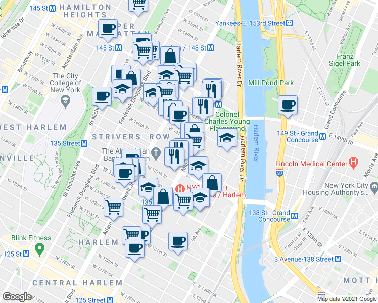 map of restaurants, bars, coffee shops, grocery stores, and more near 27 W 140th St in New York