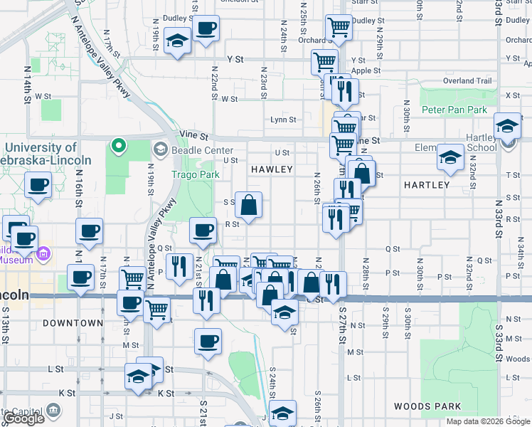 map of restaurants, bars, coffee shops, grocery stores, and more near 417 North 24th Street in Lincoln