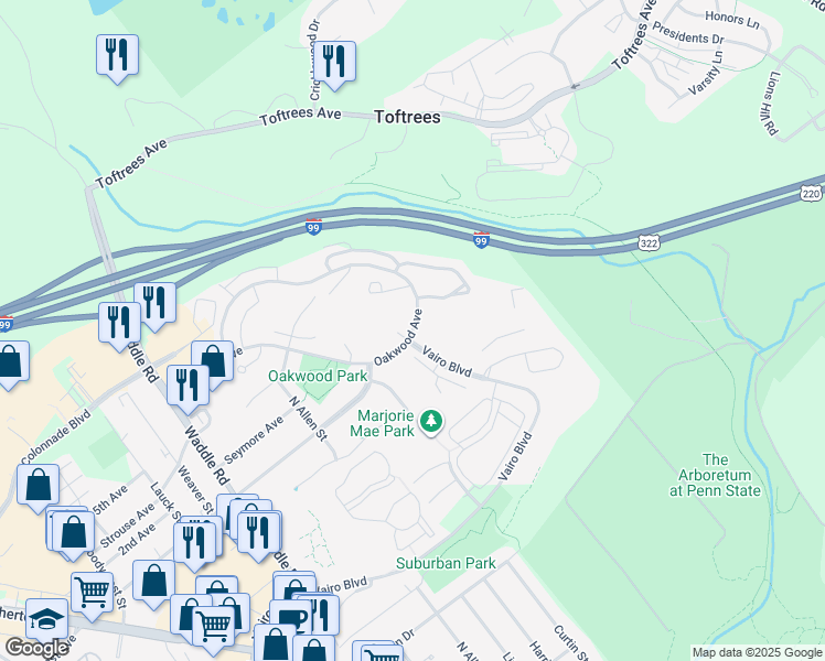 map of restaurants, bars, coffee shops, grocery stores, and more near 531 Oakwood Avenue in State College