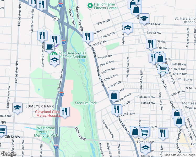 map of restaurants, bars, coffee shops, grocery stores, and more near 1906 Monument Road Northwest in Canton