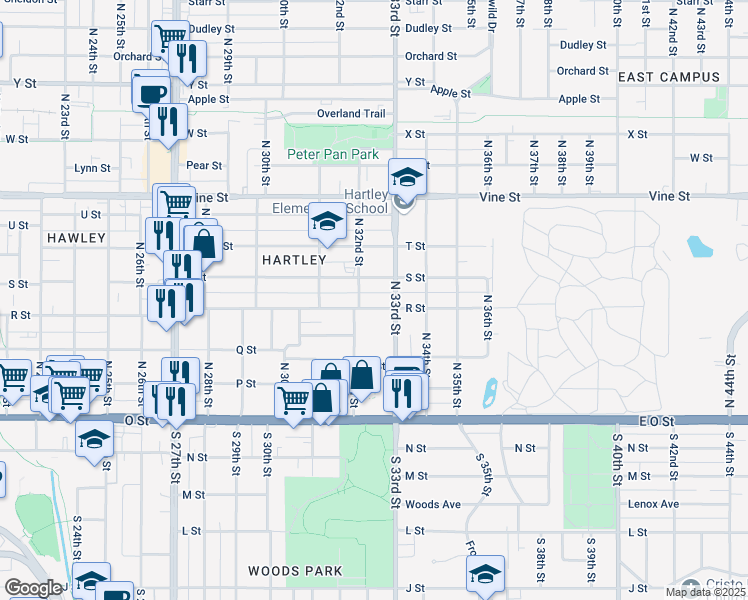 map of restaurants, bars, coffee shops, grocery stores, and more near 3228 R Street in Lincoln