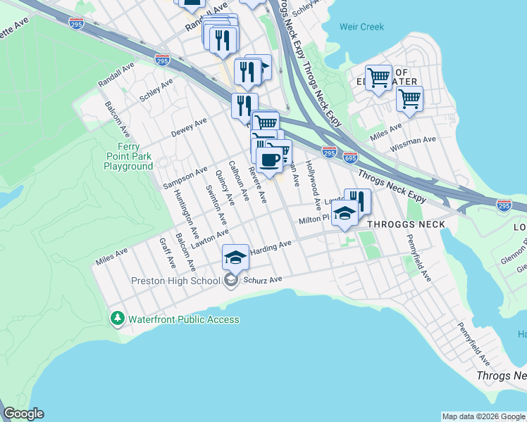 map of restaurants, bars, coffee shops, grocery stores, and more near 287 Revere Avenue in Bronx