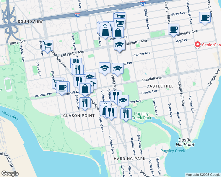 map of restaurants, bars, coffee shops, grocery stores, and more near 605 Bolton Avenue in Bronx