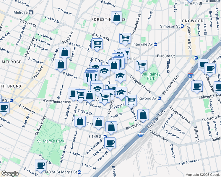 map of restaurants, bars, coffee shops, grocery stores, and more near in The Bronx