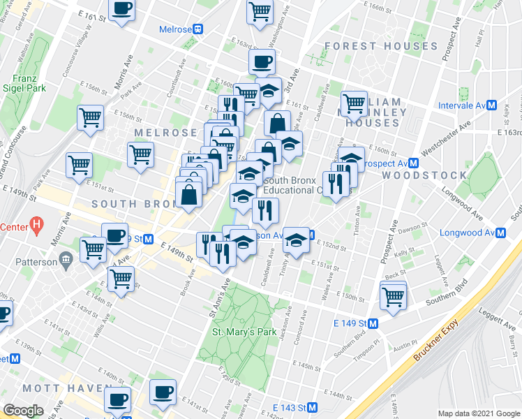 map of restaurants, bars, coffee shops, grocery stores, and more near 696 Saint Ann's Avenue in Bronx