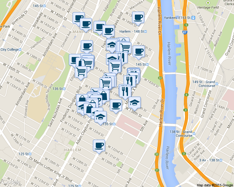 map of restaurants, bars, coffee shops, grocery stores, and more near 152 West 140th Street in New York