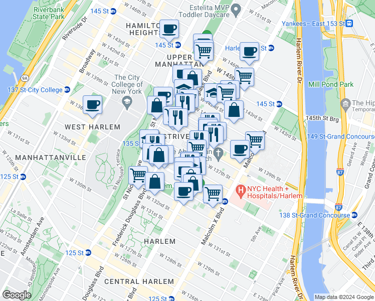 map of restaurants, bars, coffee shops, grocery stores, and more near in New York