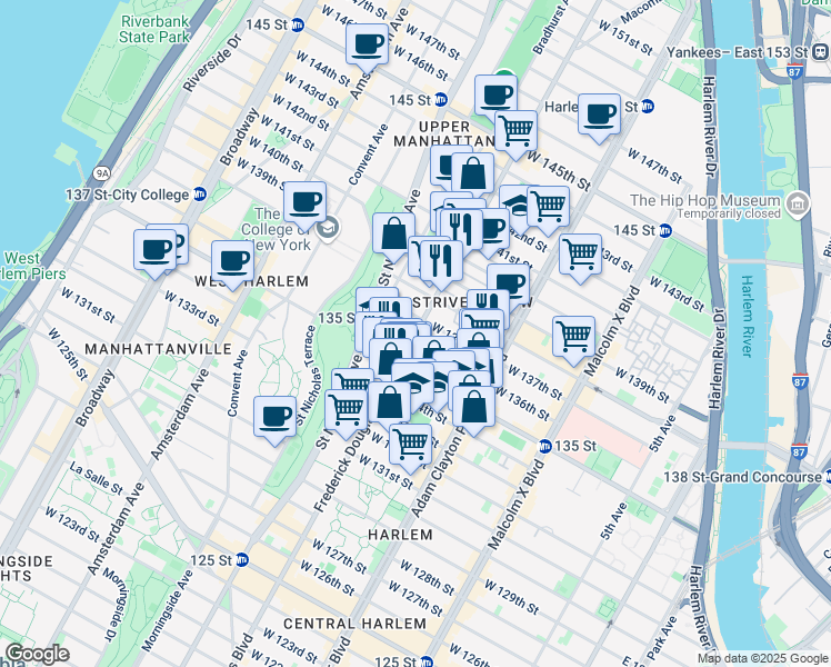 map of restaurants, bars, coffee shops, grocery stores, and more near 312 West 138th Street in New York