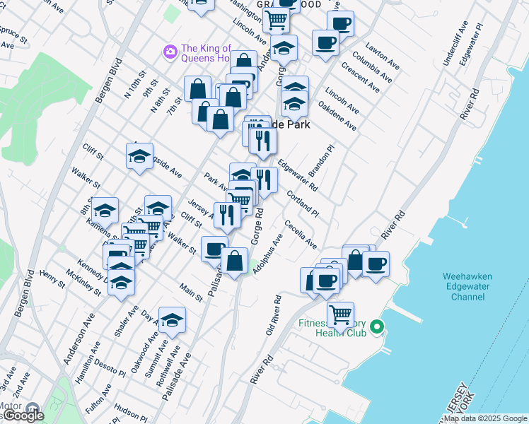 map of restaurants, bars, coffee shops, grocery stores, and more near 401 Gorge Road in Cliffside Park