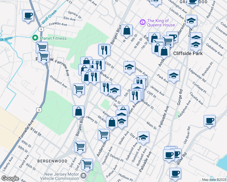 map of restaurants, bars, coffee shops, grocery stores, and more near 430 Walker Street in Fairview
