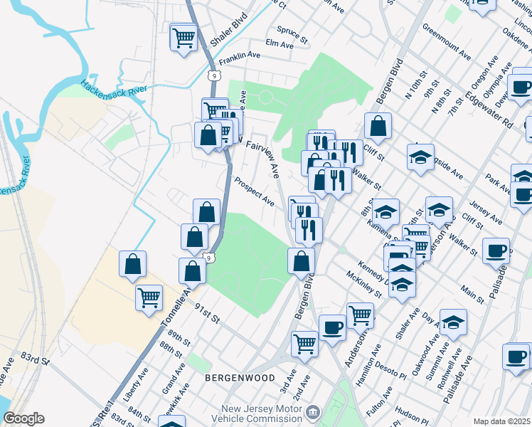 map of restaurants, bars, coffee shops, grocery stores, and more near 636 Prospect Avenue in Fairview
