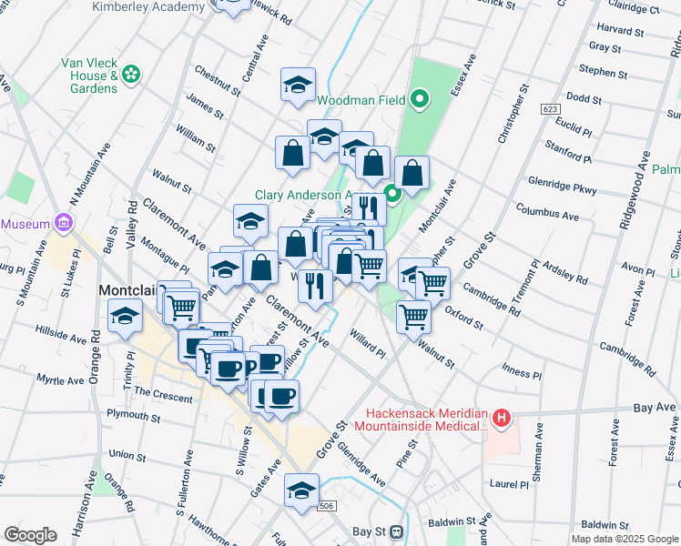 map of restaurants, bars, coffee shops, grocery stores, and more near 19 Label Street in Montclair