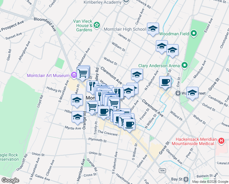 map of restaurants, bars, coffee shops, grocery stores, and more near 46 Midland Avenue in Montclair