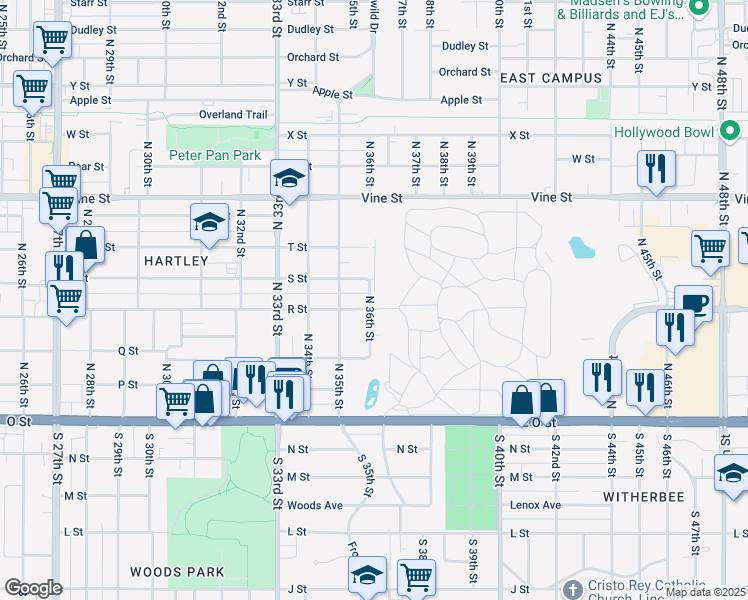 map of restaurants, bars, coffee shops, grocery stores, and more near 3540 S Street in Lincoln