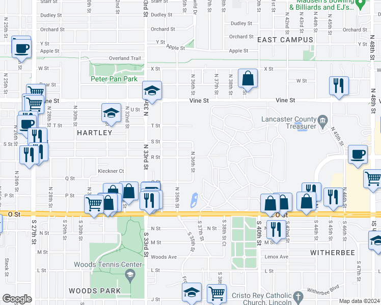 map of restaurants, bars, coffee shops, grocery stores, and more near 3540 S Street in Lincoln