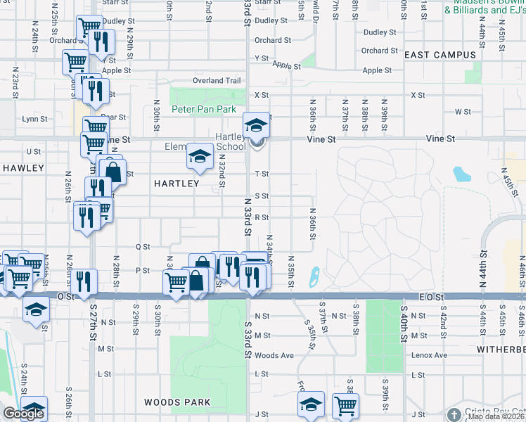 map of restaurants, bars, coffee shops, grocery stores, and more near 3327 S Street in Lincoln