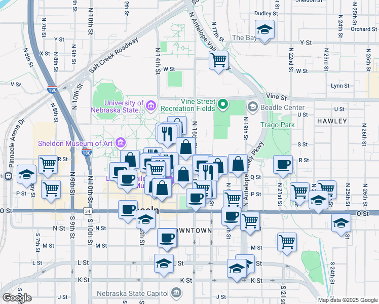 map of restaurants, bars, coffee shops, grocery stores, and more near 1548 S Street in Lincoln